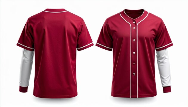 Front and back view of a stylish maroon baseball jersey with long white sleeves, Maroon baseball jersey with white trim on sleeves, buttons, and collar against white backdrop