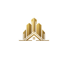 Fototapeta premium A premium real estate construction logo design featuring elegant triangular skyscraper shapes with gold and black luxury style