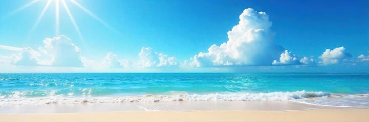 Endless blue sky above a sun-drenched, empty sandy beach; gentle waves lapping the shore; pure summer serenity Perfect for travel, vacation, or summer holiday themes , summer, water, sun