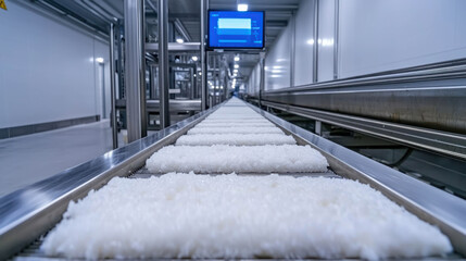 Industrial conveyor belt transporting fresh rice at a processing facility showcasing modern technology and clean design for food production imagery