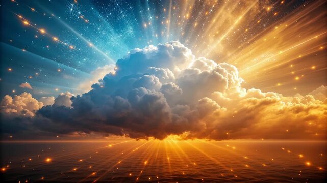 Radiant cloud golden sunrise over ocean horizon with sun rays and glowing light, serverless security in cloud concept, dreamy resilient vision