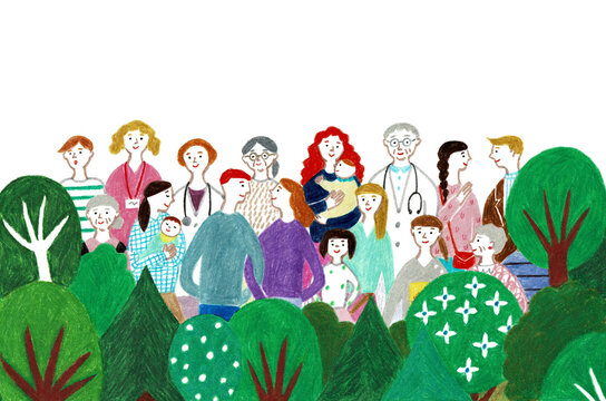 手描きイラスト　地域の医師と多世代の住民が支え合う笑顔の集合イラスト