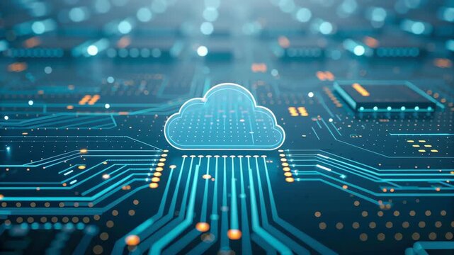 Serverless security cloud architecture glow, digital network circuit and data flow pulse futuristic blue grid for reliable service protection