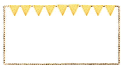 rectangular rope frame with yellow flags garland isolated on white background. Simple hand painted border for nautical invitations, kids party designs, posters, scrapbooking, digital templates