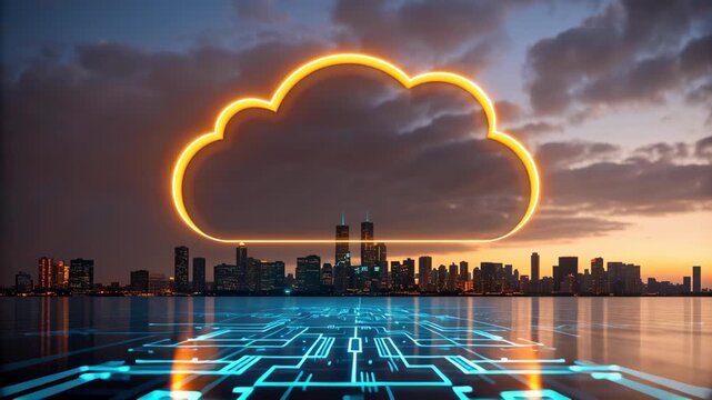 Cloud serverless security skyline city at sunset, neon glow and futuristic circuit reflections, calm resilient vibe, safe agile network atmosphere