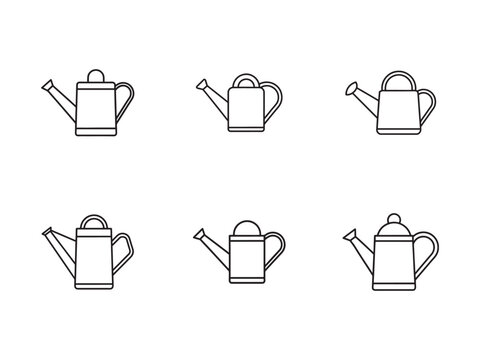 Watering Can Icon Set Outline Style for Gardening and Plant Care Flat Design Vector Illustration on White Background