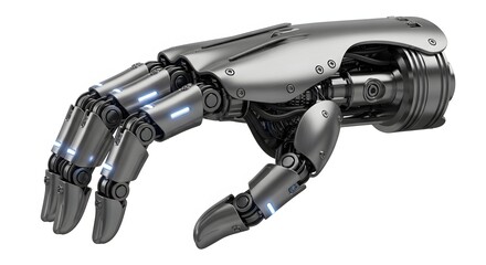 Futuristic robotic prosthetic arm with intricate mechanical details isolated on a clean white background