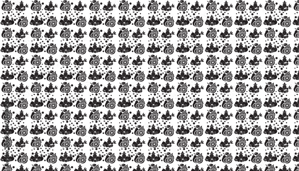 Poster black and white repeating pattern of stylized fruits and dots background