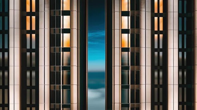 Skyscraper modern facade glass steel vertical symmetry dusk with serverless security cloud, twin highrise towers reflect night fog, urban scene shows