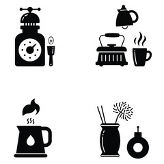 Collection of four black silhouette icons representing kitchen and home decor objects including a clock kettle and vase