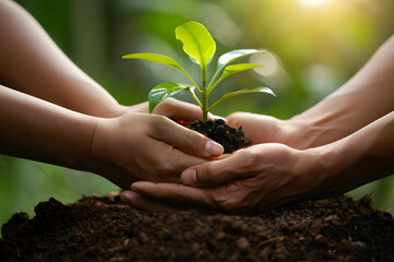 Fototapeta premium Nurturing New Life A Symbol of Hope and Growth Two Hands Gently Cradle a Seedling Emerging from Soil Against a Lush Green Backdrop Representing Environmental Stewardship
