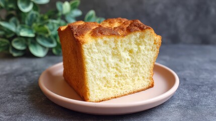 Thick white bread slice on pink ceramic plate with golden crust