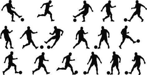 Silhouettes of soccer players in motion, kicking football, isolated on white background, perfect for sports design, fitness, action concepts