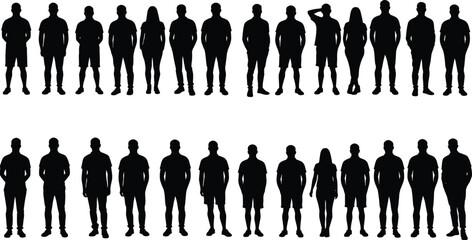Group of men and women silhouette standing in various poses, casual clothes, black figures isolated on white background illustration
