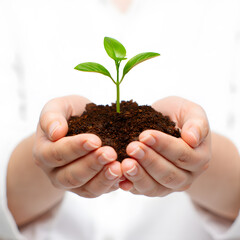 Nurturing New Life A Close Up of Hands Holding a Sprout in Soil Symbolizing Growth and Environmental Stewardship with a Clean White Background for Emphasis