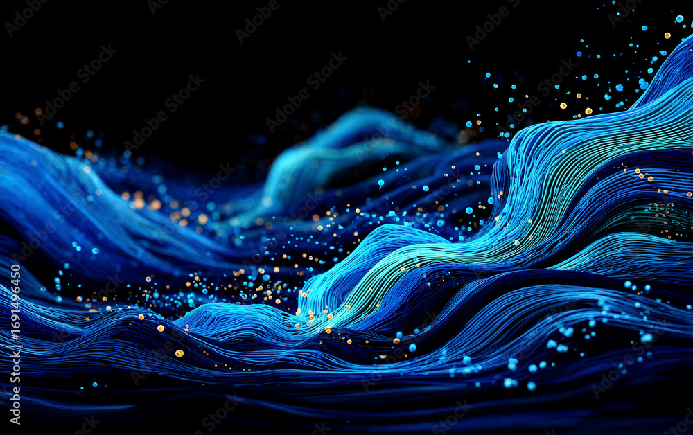 Poster abstract blue digital waves with glowing particles and dynamic patterns