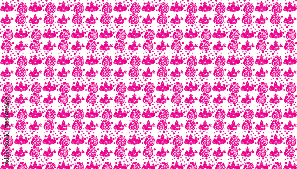 Poster pink repeating pattern of stylized fruits and dots background