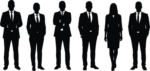 Silhouette of Business People in Formal Attire, Standing Poses, Isolated on White Background, Corporate Team Concept, Leadership and Professionalism