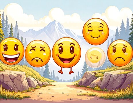 Cartoon emojis in a landscape - Powered by Adobe