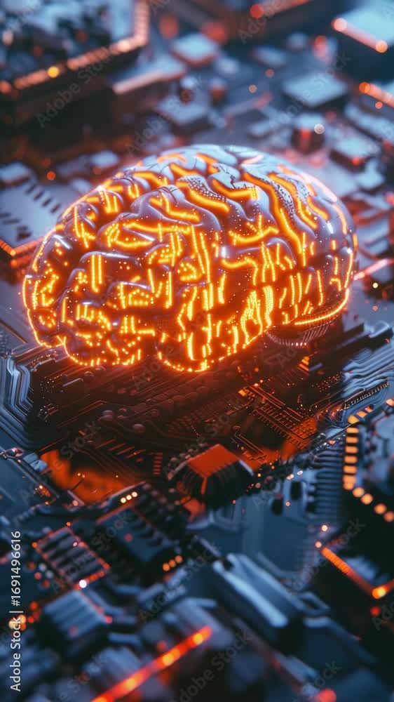 Poster neural network concept with red lit brain in the center of a digital circuit board background.