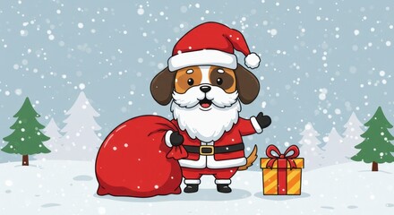 Christmas cartoon puppy dressed as Santa Claus with a gift bag and presents in a snowy landscape