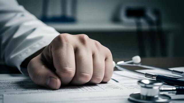 A frustrated doctor's clenched fist on a desk with a stethoscope and medical documents. Concept of healthcare stress, burnout, or medical error.