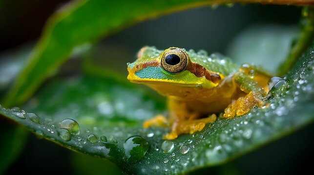 Beautiful golden frog sitting on a vibrant green leaf covered in water droplets glistens in the sunlight - Powered by Adobe