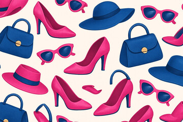 Fashionable accessories pattern of pink heels blue purses and hats