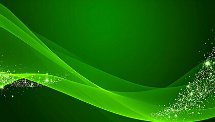 Abstract green background with glowing waves and glittering particles