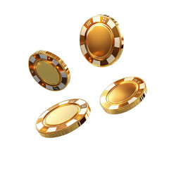flying golden casino chips isolated on transparent white background, clipping path
