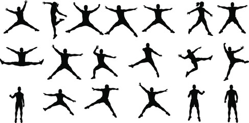 Silhouette of Jumping People in Motion, Human Body in Action, Fitness and Energy Concept, Black Figures Isolated on White Background