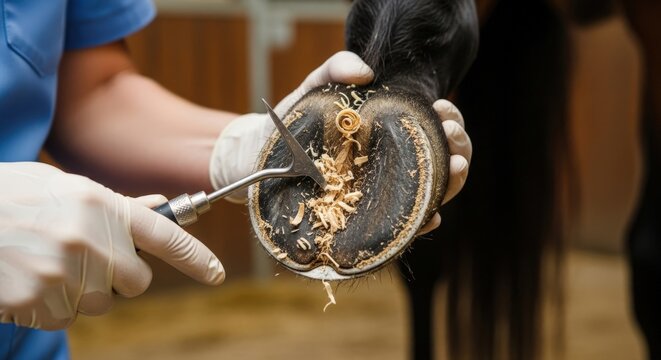 A farrier skillfully trims a horse's hoof, ensuring proper equine foot health and care.