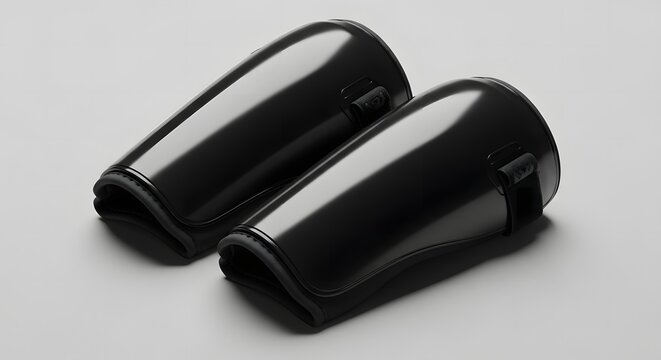 Pair of black shin guards for sports protection and safety, isolated on a white background - Powered by Adobe