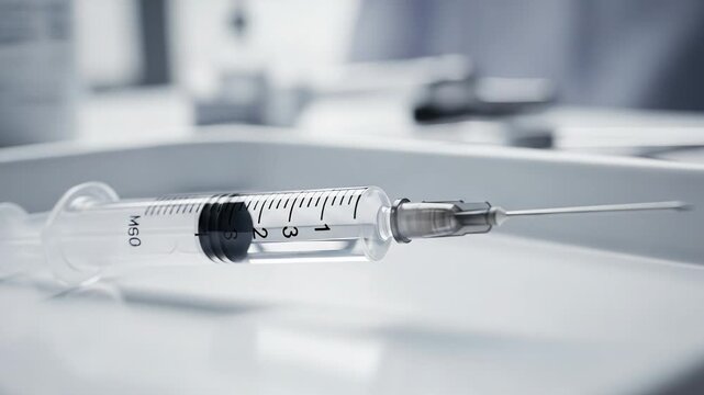 Sterile syringe and hypodermic needle prepared for an injection or vaccination. Medical equipment in a clinical environment.