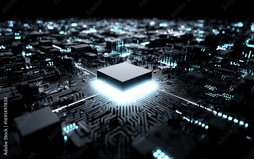 Aufkleber close-up view of a modern microchip with illuminated components