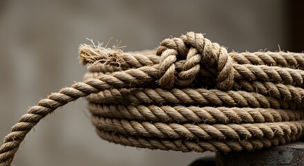 Fototapeta premium Close-up of a coiled rope with a detailed knot, set against a blurred background, showcasing texture