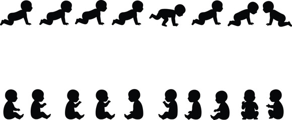 Baby silhouette vector set, crawling and sitting infant poses, child growth stages illustration, toddler development icons, newborn baby design collection