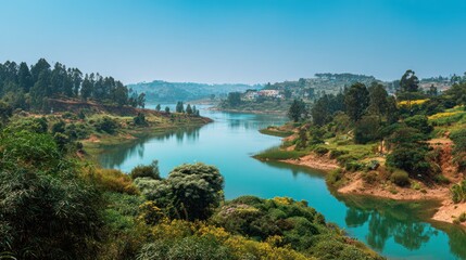 Obraz premium Serene winding river through lush green hills