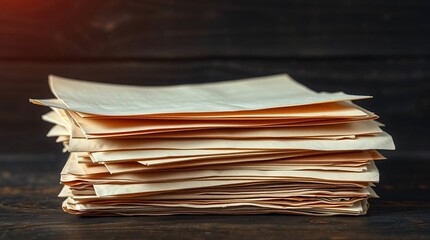 Stack of old papers on wooden background.