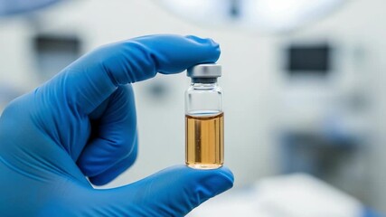 A scientist or doctor in blue protective gloves holds a glass vial containing a vaccine or medicine in a sterile laboratory setting. - Powered by Adobe
