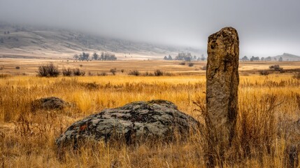 Vast golden field with stone