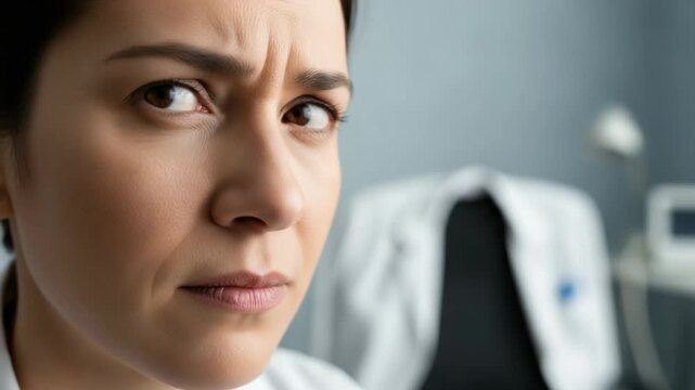 Close-up of a worried woman's face with a furrowed brow. Skeptical expression in a medical clinic or hospital.