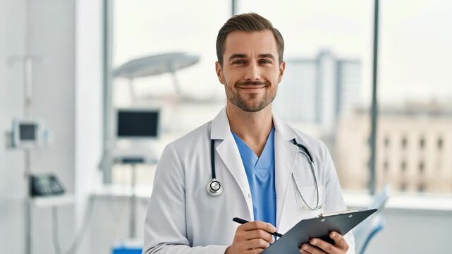 Portrait of a handsome young male doctor in a white coat with a stethoscope, writing on a clipboard in a modern hospital clinic. Confident physician looking at the camera.