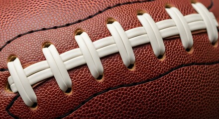 Close-up of a textured brown American football with white laces, highlighting its classic design and iconic stitching