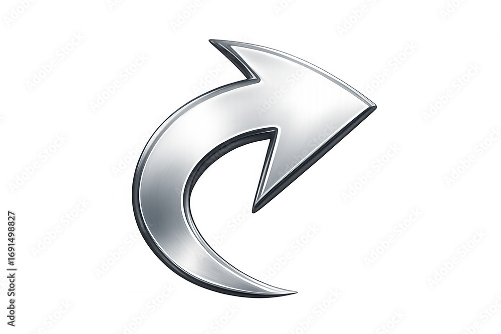 Poster curved metallic silver arrow is pointing to the right on a transparent background, perfect for web d