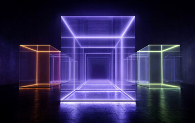 Neon lit geometric cubes creating a modern and futuristic space