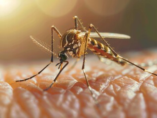 Macro close up mosquito perched on artificial skin surface entomology medical research photography