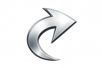 Curved metallic silver arrow is pointing to the right on a transparent background, perfect for web design or presentations