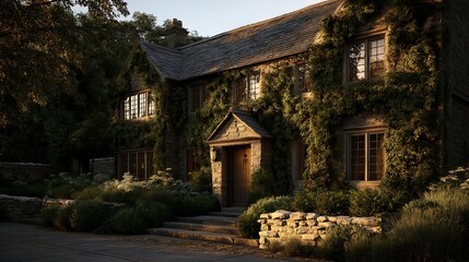 Fototapeta premium A tranquil English cottage garden with creeping ivy, stone walls, bushy privacy planting, soft morning light