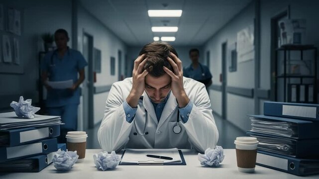 Stressed and overwhelmed male doctor sitting at a desk in a hospital corridor. Exhausted physician experiencing burnout from overwork and pressure.